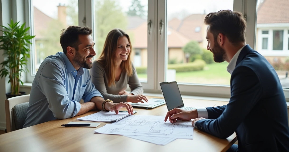 Young couple meeting a mortgage broker in a modern office with house plans on the table 