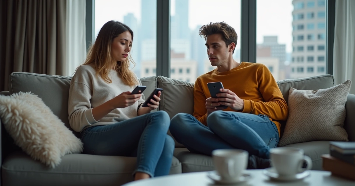 Man and woman sitting apart, both looking at their phones 