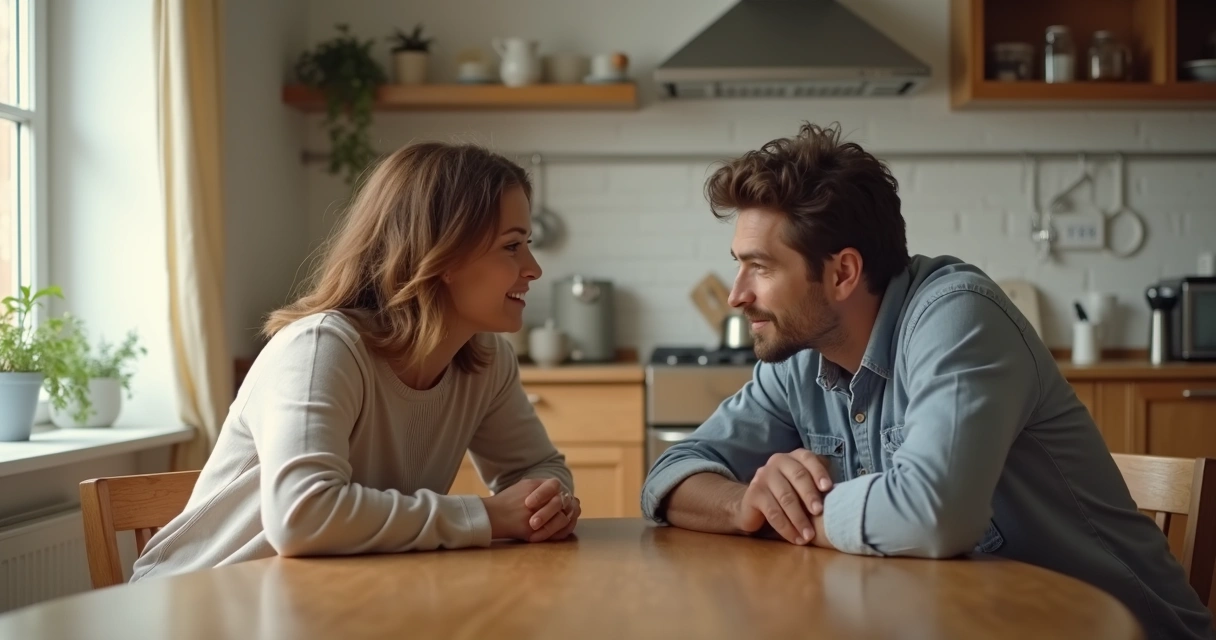 Couple having open, honest conversation sitting at kitchen table 