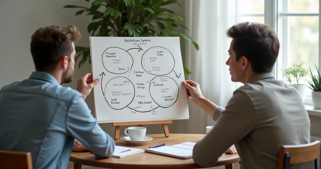 Couple reviewing a relationship pattern map on paper