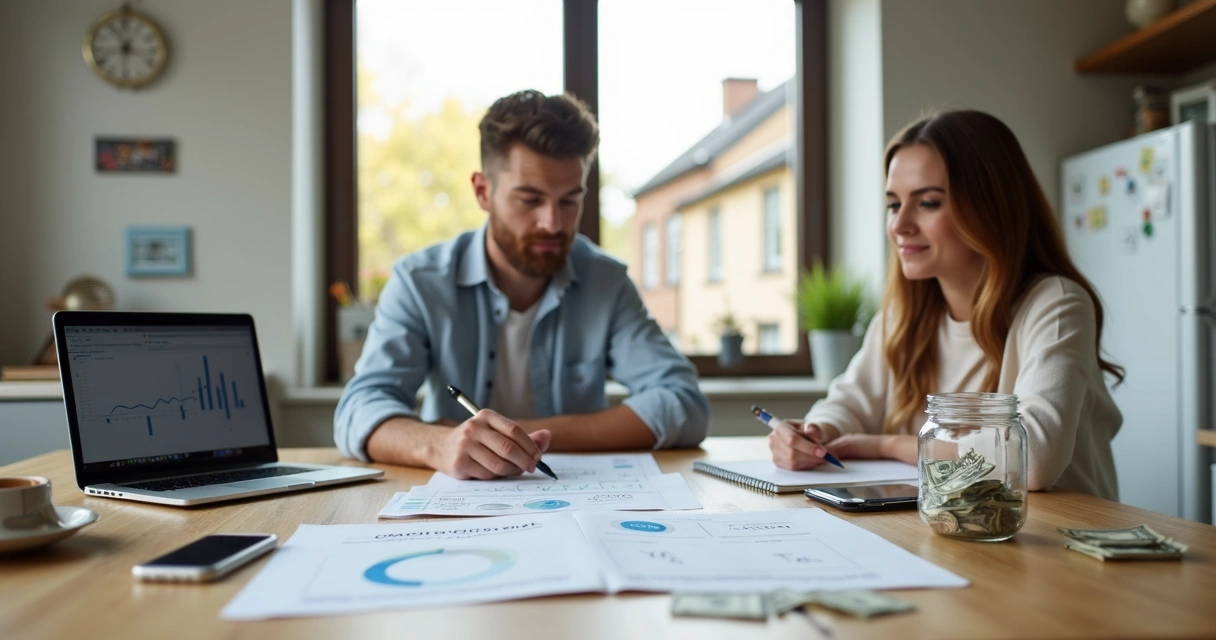 Young couple reviewing finances for a house down payment at kitchen table 