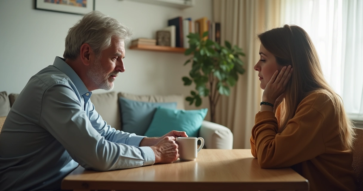 Two adults sitting quietly and breathing before talking