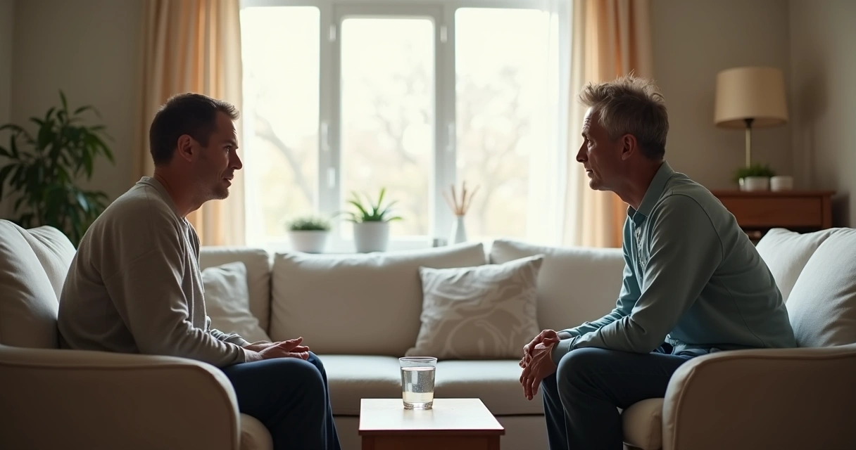 Two partners sitting quietly and breathing in a softly lit room 