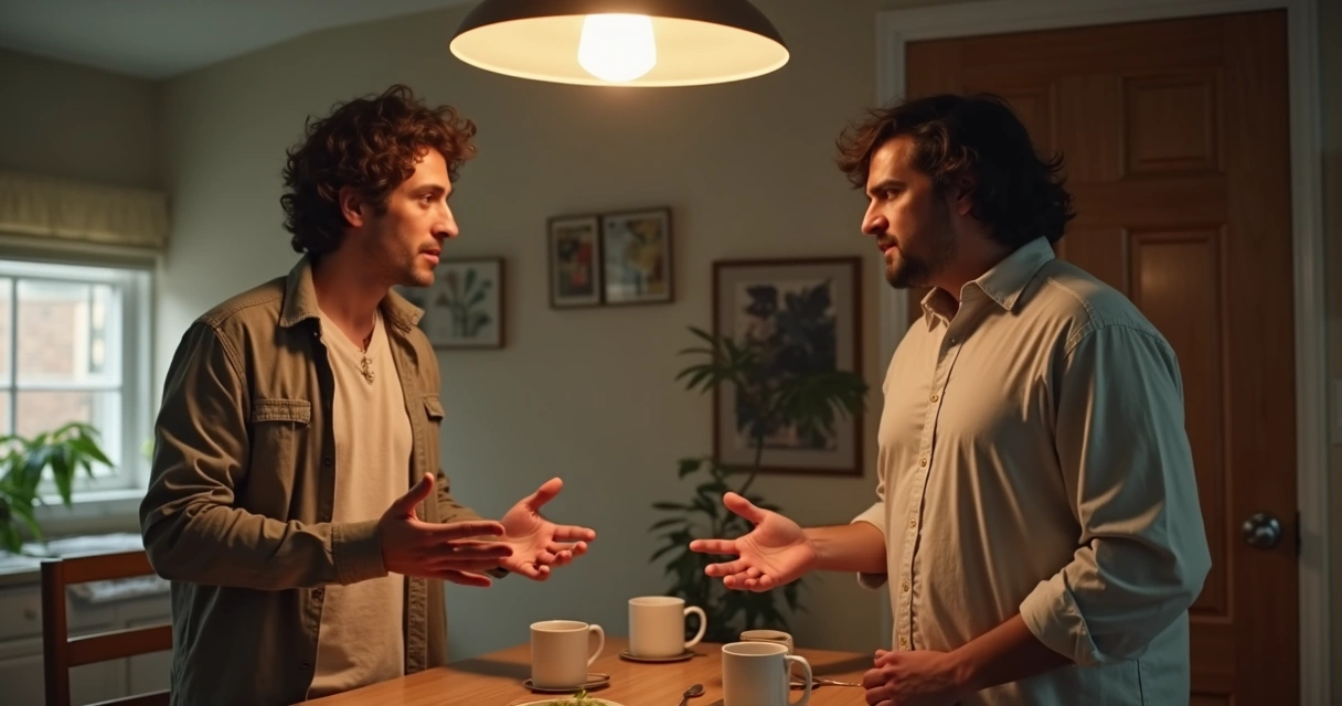Two people speaking quietly in a warm kitchen after tension 
