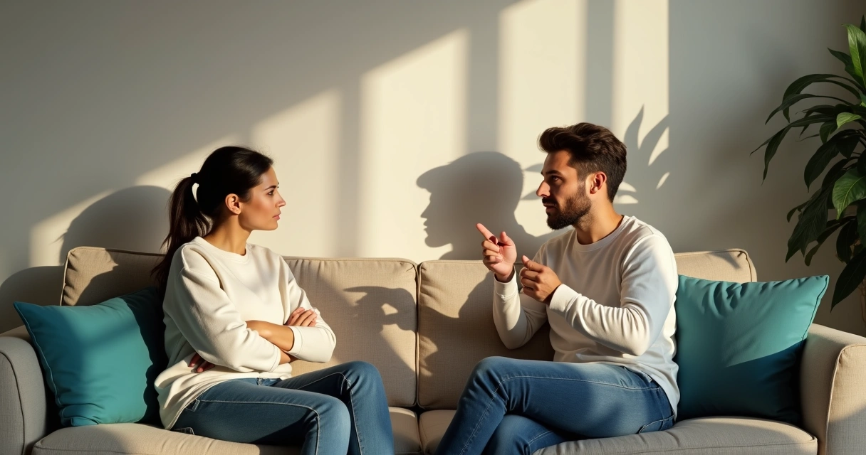 Couple facing each other with overlapping shadow silhouettes reflecting their emotions 