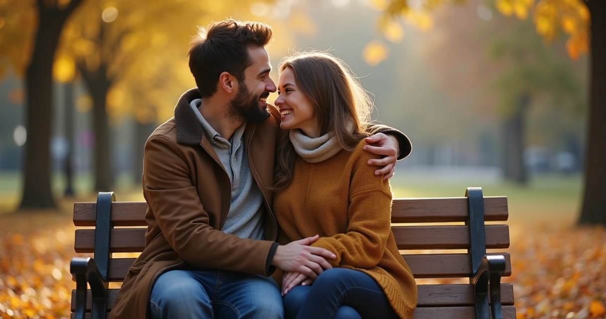 Couple hugging and smiling after reconciling on a city bench