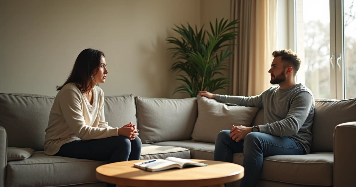 Couple sitting on a couch reflecting on their relationship patterns 