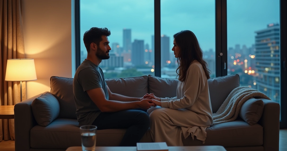 Couple on a couch facing away but reflected holding hands in window 