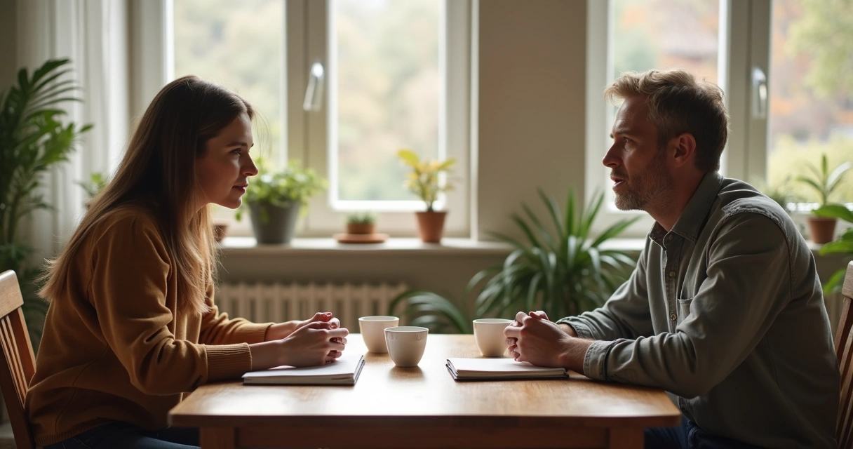 Two partners talking calmly at a table with notebooks and tea