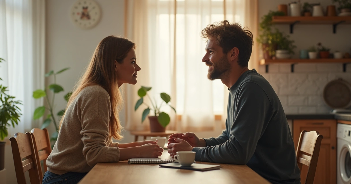 Couple talking calmly at a table with open body language