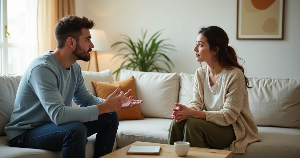 Two people sitting on a couch leaning toward each other in a calm conversation 