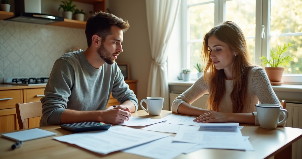 Couple reviewing financial documents at home table 