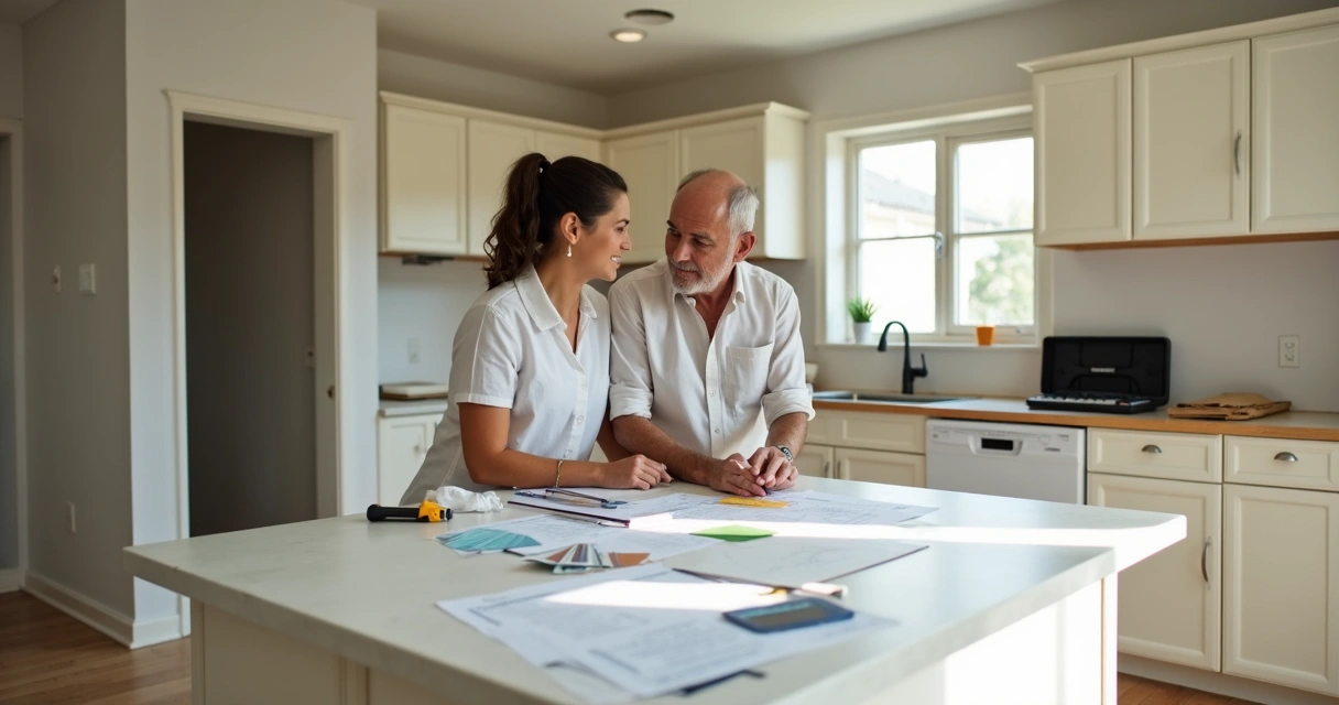 Couple reviewing renovation plans with contractor 