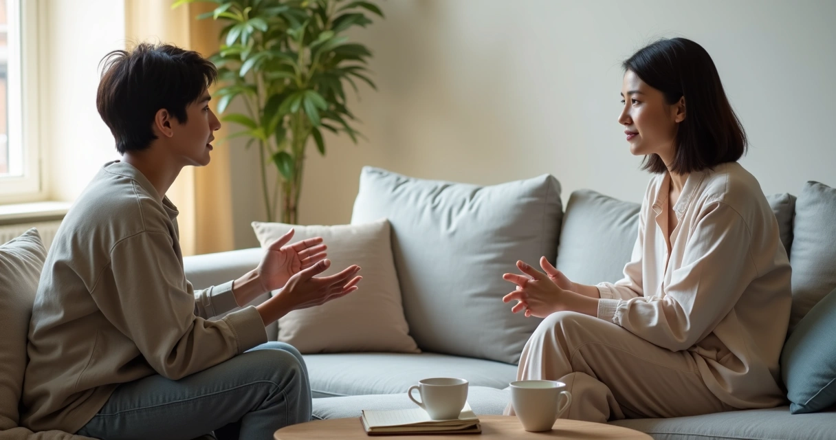 Two people sitting on a sofa having a calm boundary-setting conversation 
