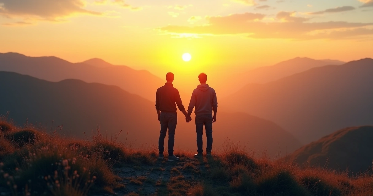 Couple holding hands standing together on a hillside, looking at the sunrise horizon