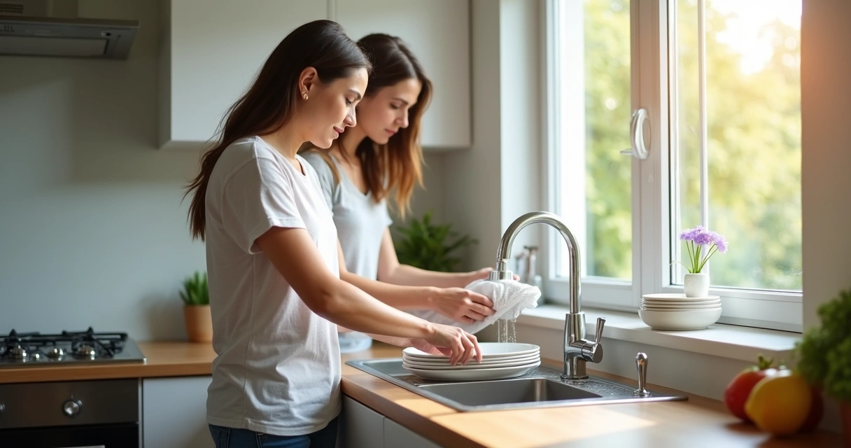 Couple sharing chores in a kitchen setting 