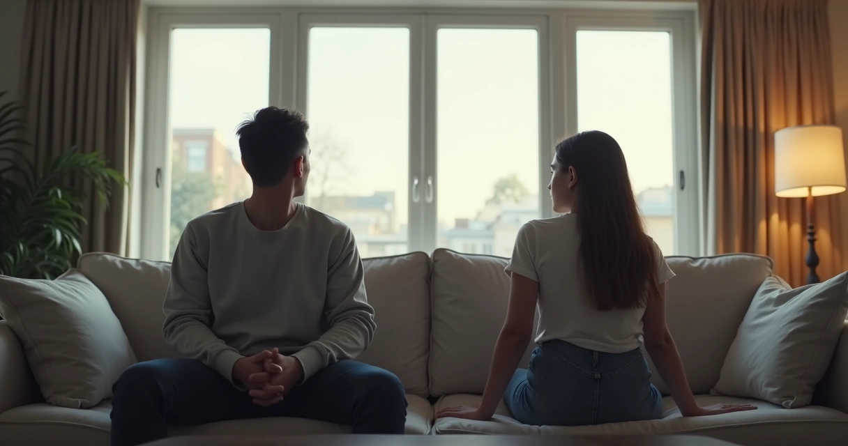 Two people sitting apart on a couch looking away from each other in a quiet living room 