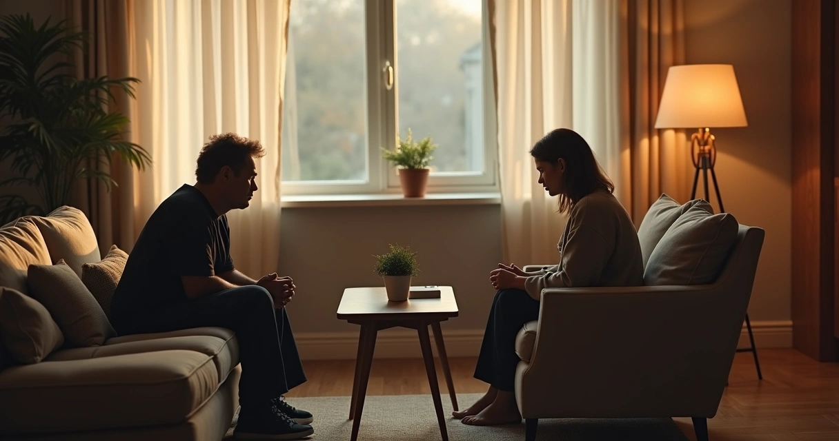 Couple sitting apart in a quiet living room