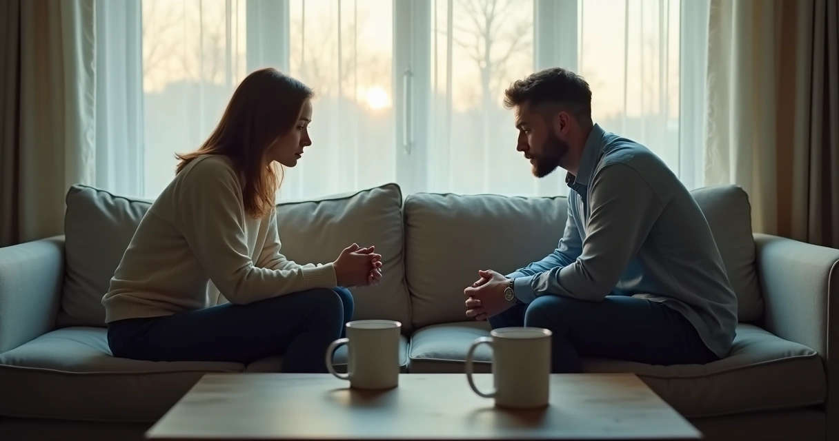 Couple sitting apart in a quiet room during tense conversation
