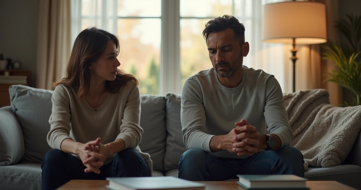 Two people sitting apart in quiet tension on a living room sofa 