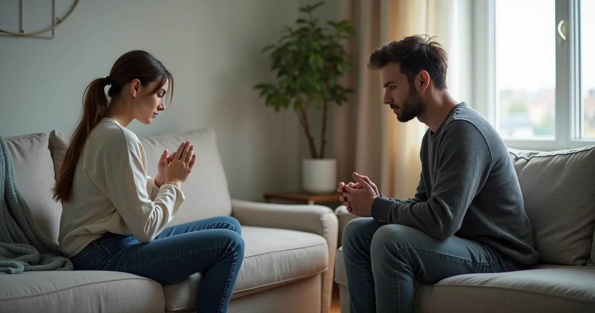 Two adults sitting apart in a living room during tense silence