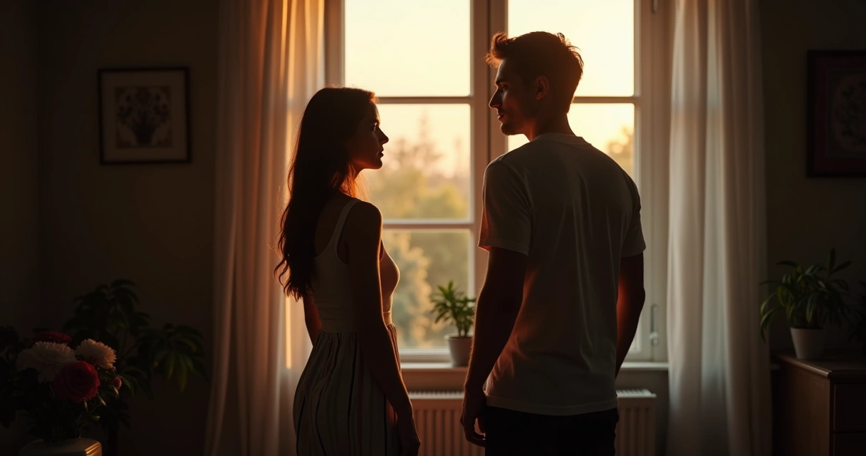 Couple in silhouette standing by a window, looking away from each other.