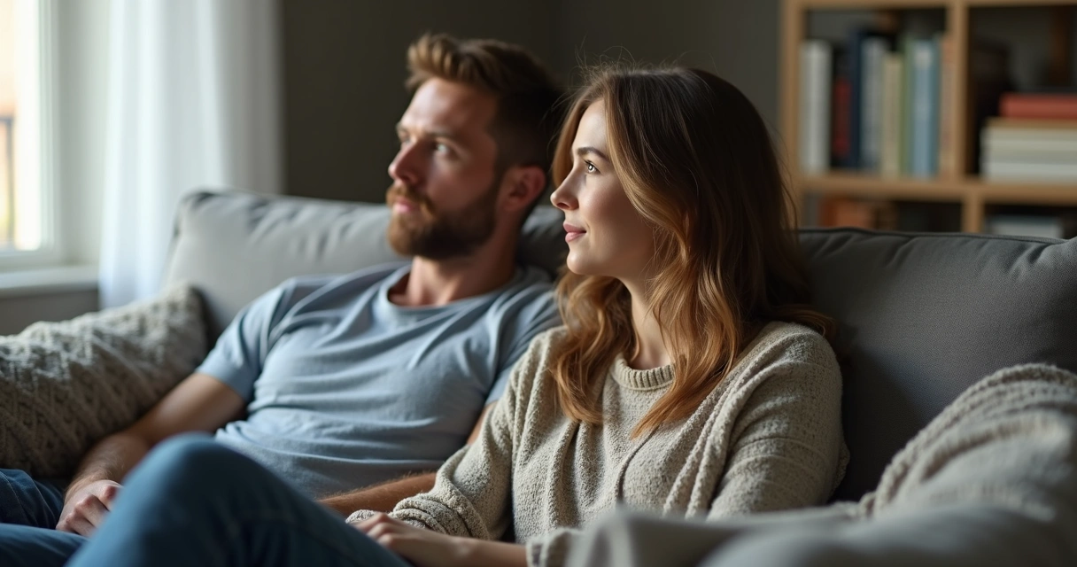 Couple sitting apart on a couch, both looking thoughtful 