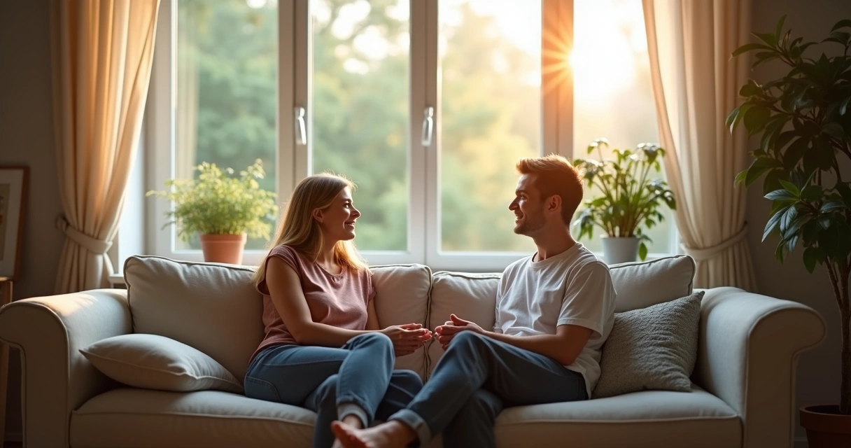 Couple sitting quietly by window, natural light 