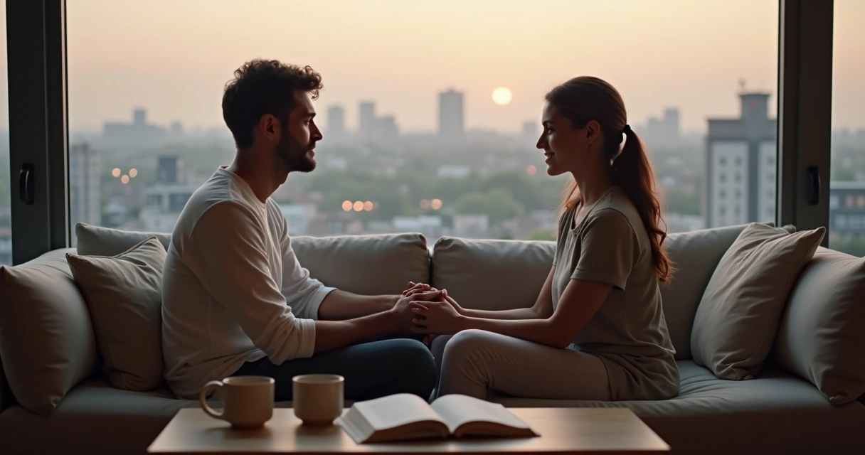 Couple sitting quietly together on a sofa holding hands 