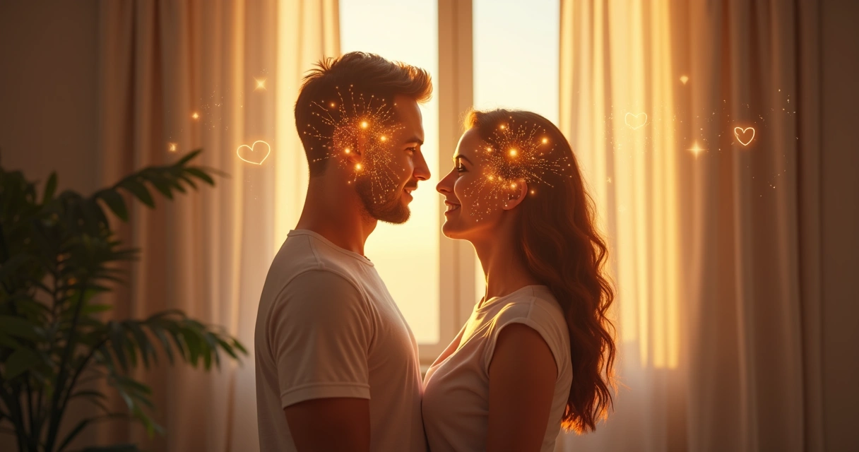 Two people in a bright room, each with symbolic patterns around them to represent their family roles, gazing at each other. 