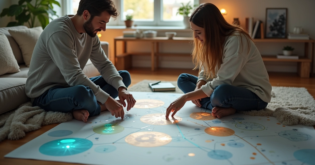Couple arranging translucent shapes on a glowing systems map in their living room 