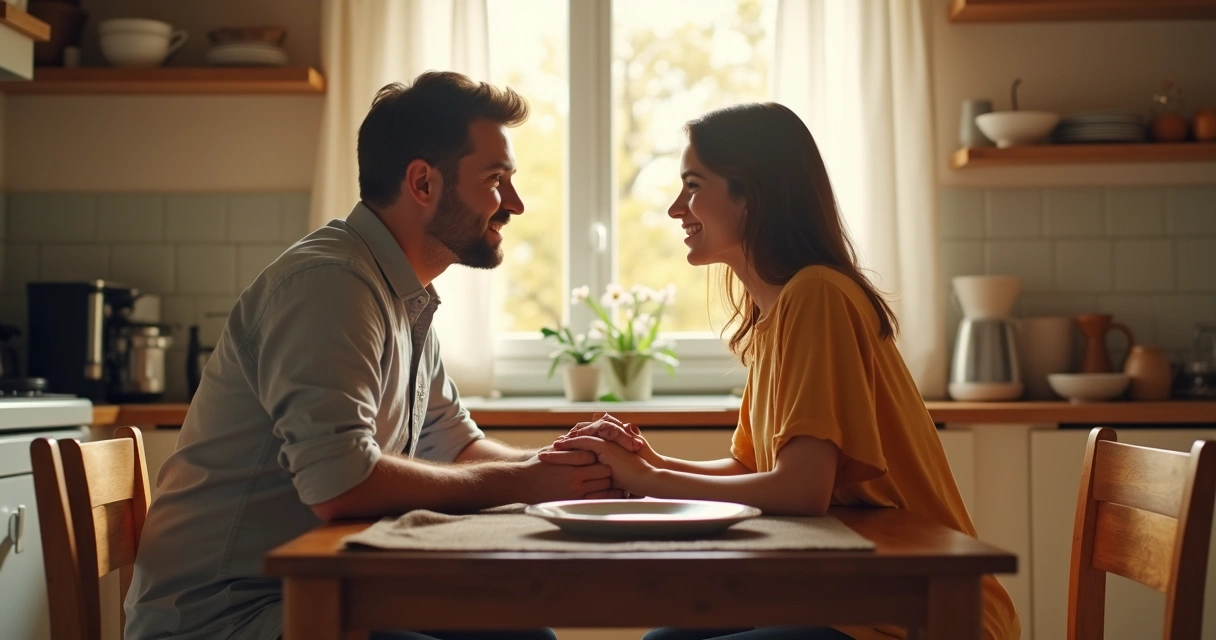 Couple having a conversation at the kitchen table, both attentive 