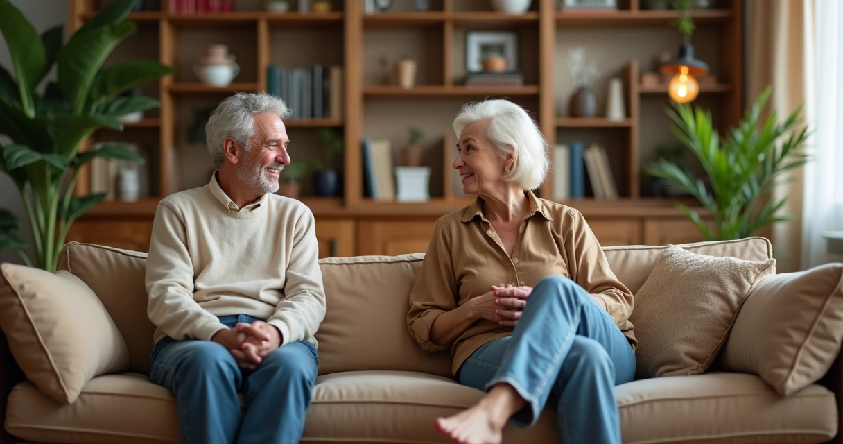 Two adults talking on a couch, open body language, cozy living room 
