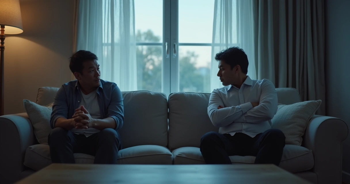 Two people sitting in tense silence on a sofa 