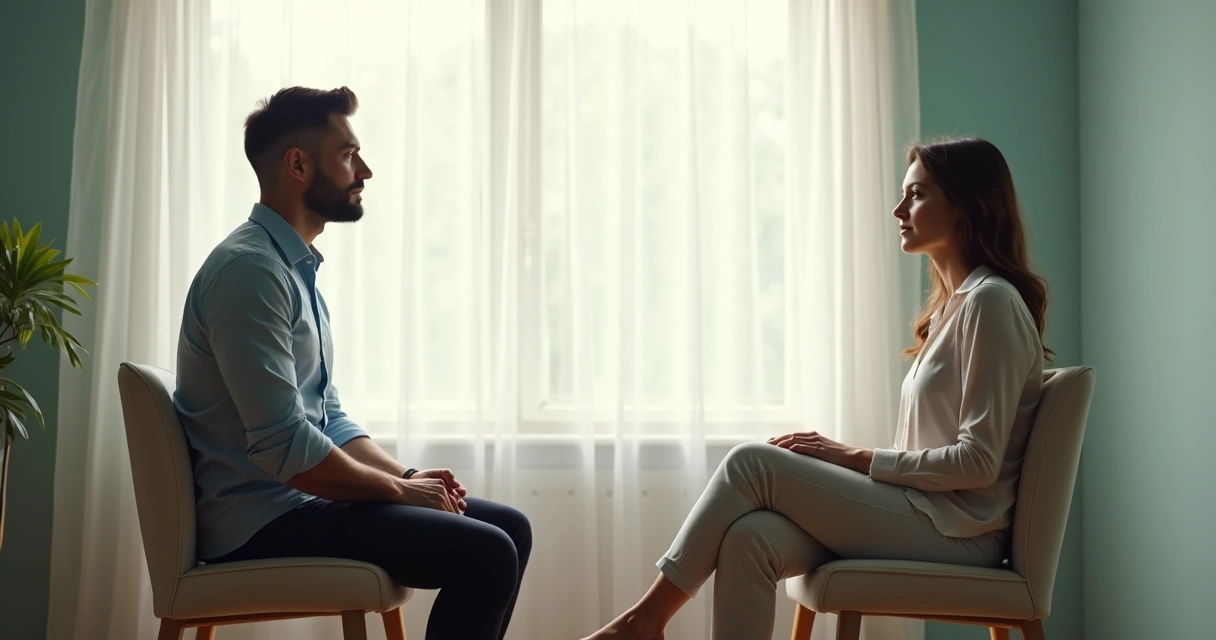 Man and woman sitting apart in a therapy room, both looking thoughtful. 