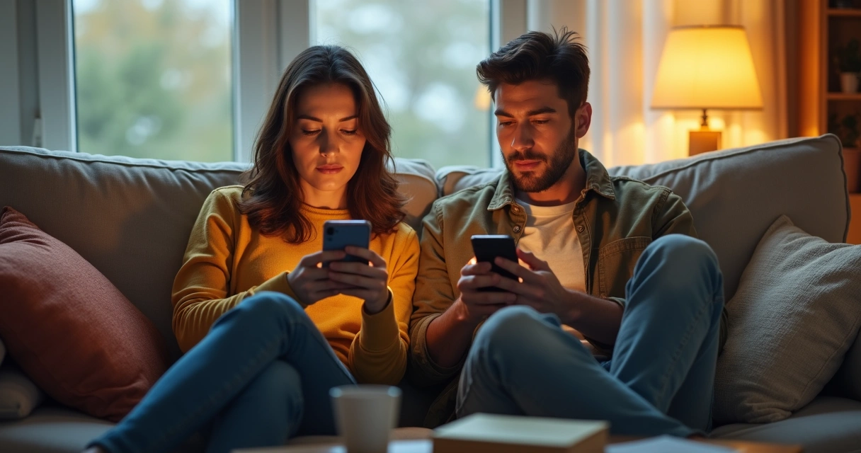 Couple sitting together with phones in hand, both looking calm and comfortable 