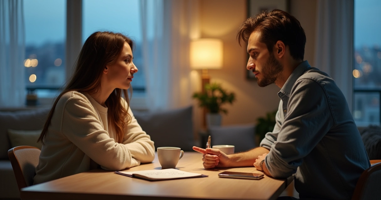 Couple talking at home with subtle tension in their body language 