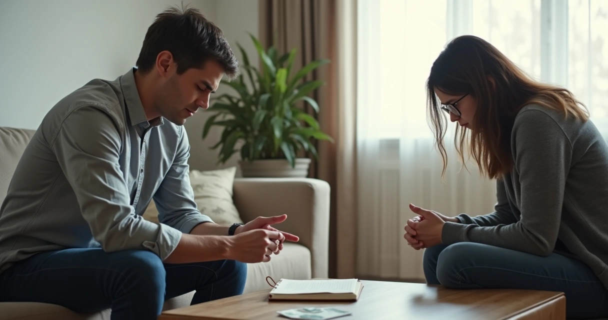 Two adults sitting apart while one points and the other looks withdrawn 