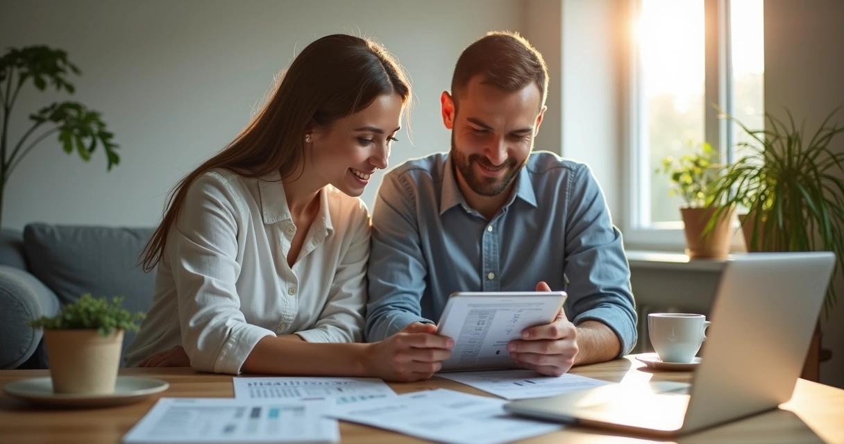 Couple using a mortgage calculator on a tablet at home with documents and laptop on the wooden table 
