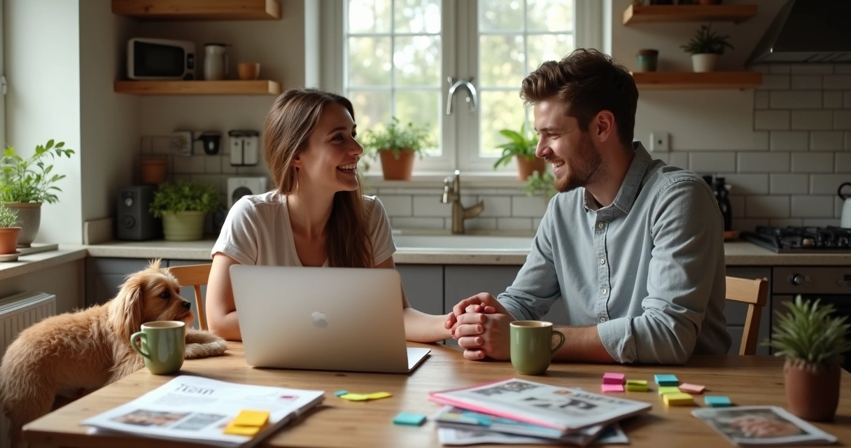 Couple looking at wedding plans together 
