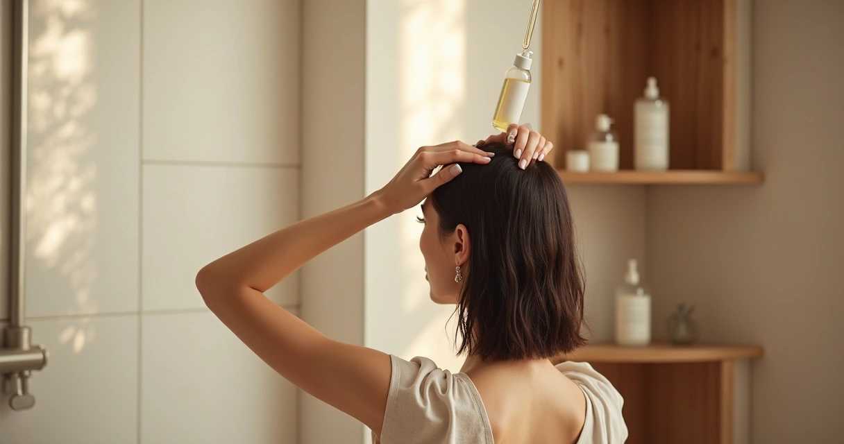 Mulher de costas massageando suavemente o couro cabeludo lavado e saudável 