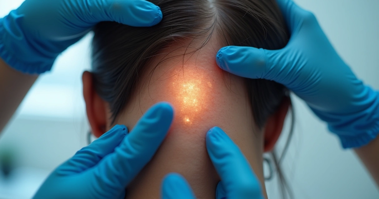 Dermatologista examinando vitiligo no couro cabeludo de paciente de cabelo preso 
