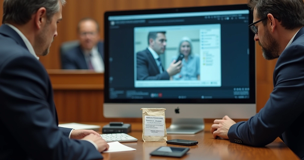 Judge examining digital screenshot evidence on monitor in court 