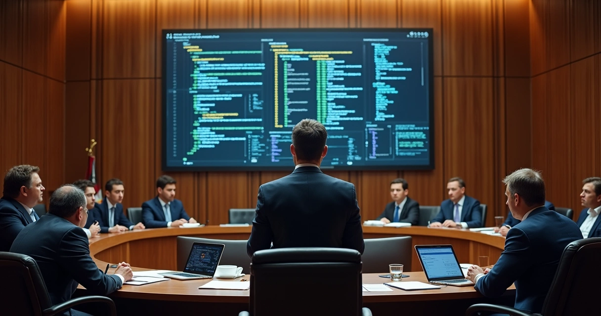 Expert witness showing code analysis on a screen in court 