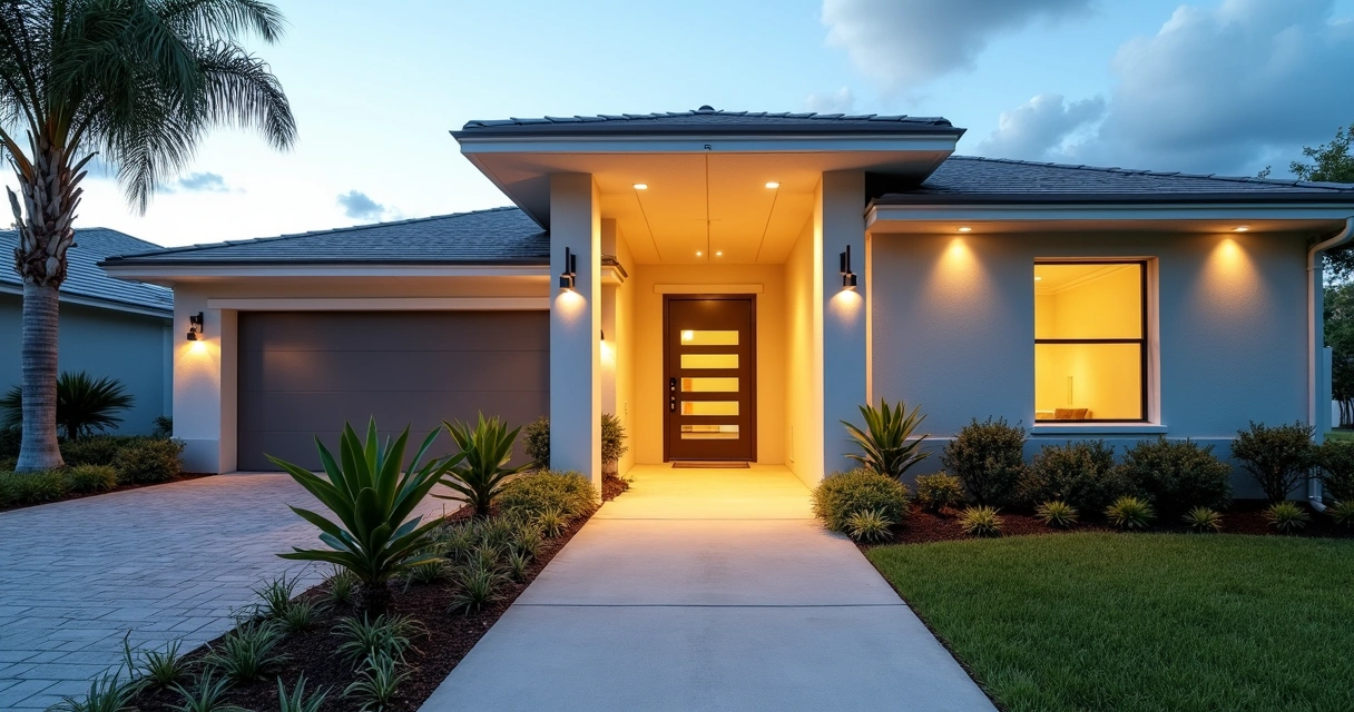Covered concrete entry walkway with lighting at a Florida home 