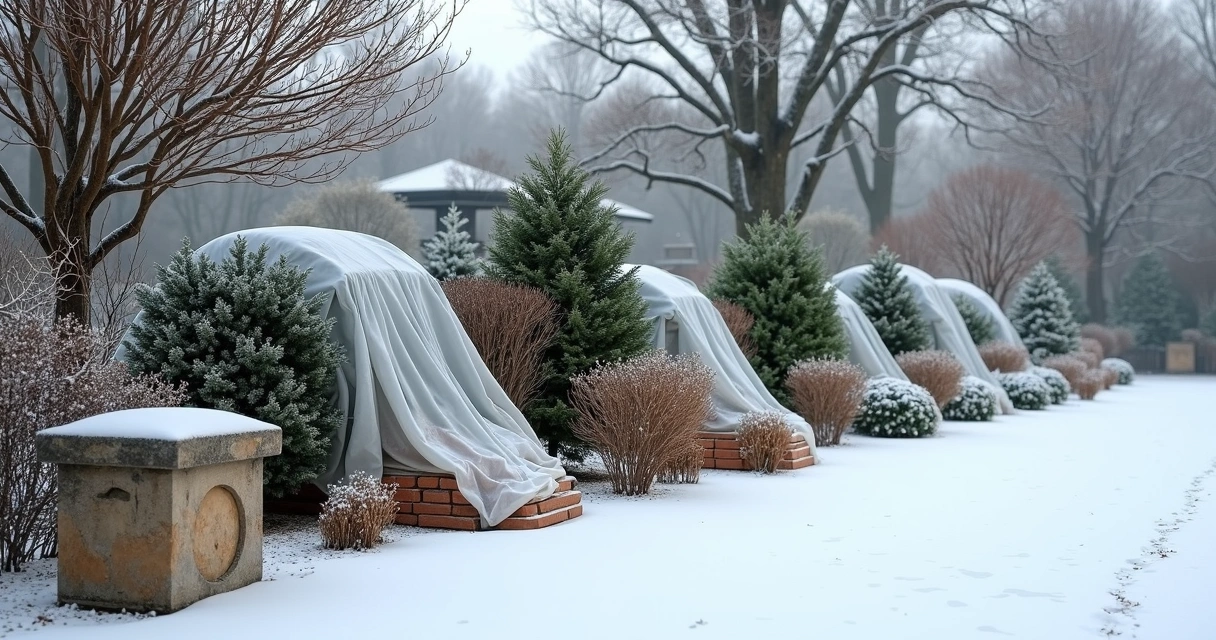 Row of Austin garden plants covered with frost cloth and secured with bricks