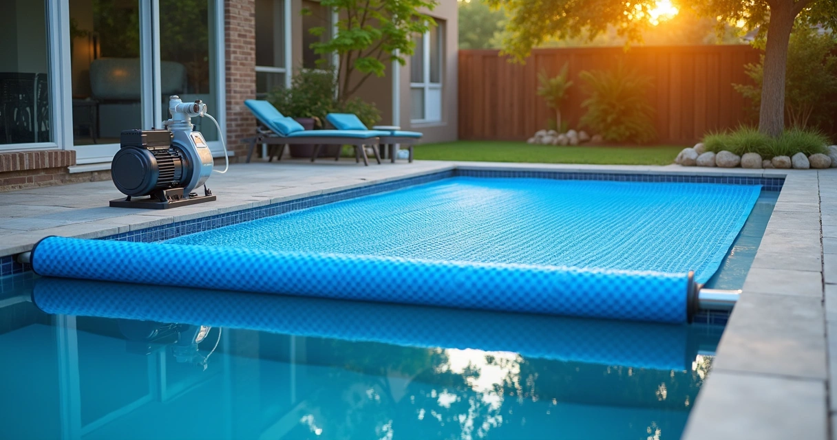 Covered backyard pool with variable speed pump equipment 