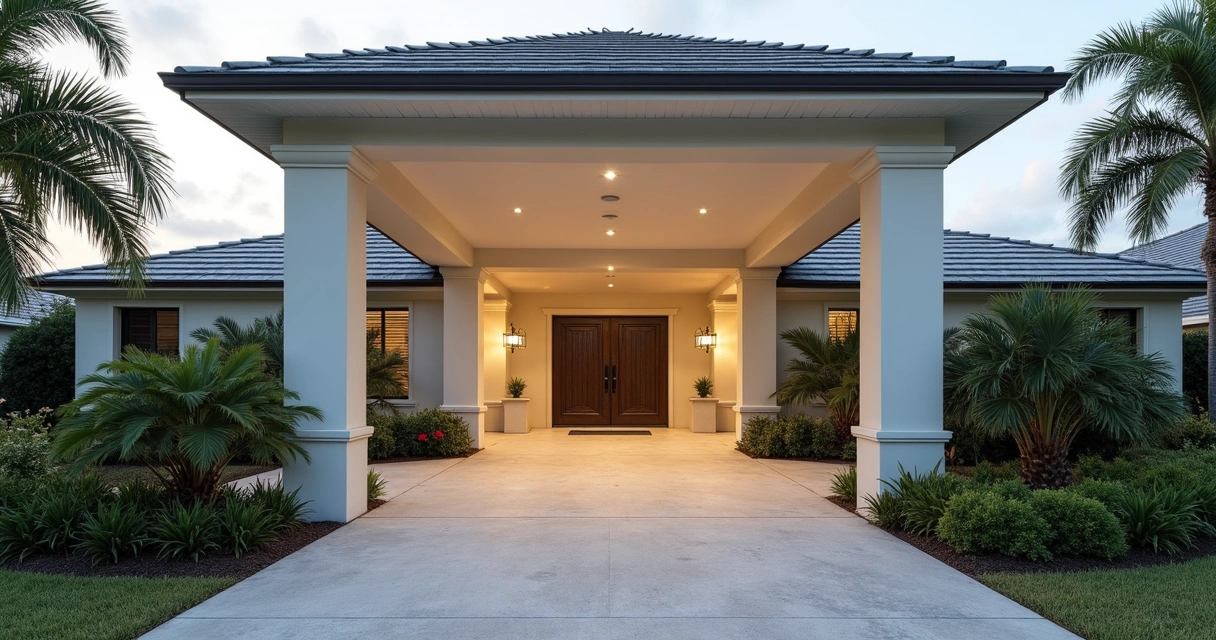 Covered entry walkway with textured concrete, overhanging roof, and lush landscaping in front yard 