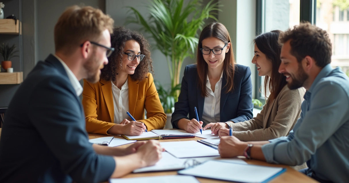 Coworkers working together around a table, creating a positive and united atmosphere 