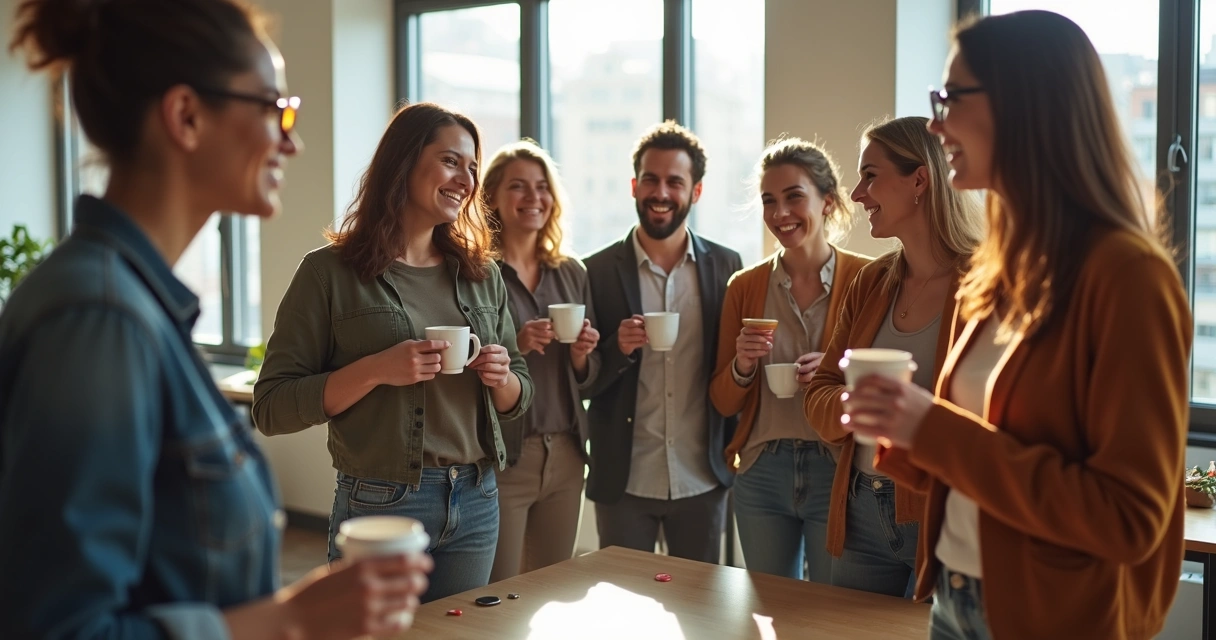 Equipe diversa de colegas de trabalho sorrindo em escritório moderno.